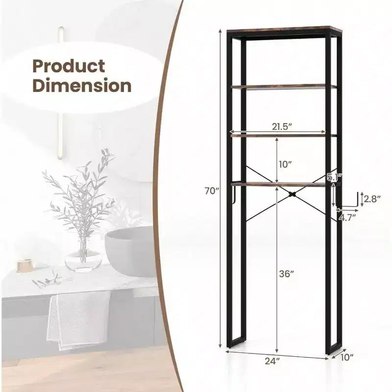 Scaffale da bagno sopra il WC a 4 ripiani, organizer industriale con porta carta igienica e gancio, multifunzionale autoportante