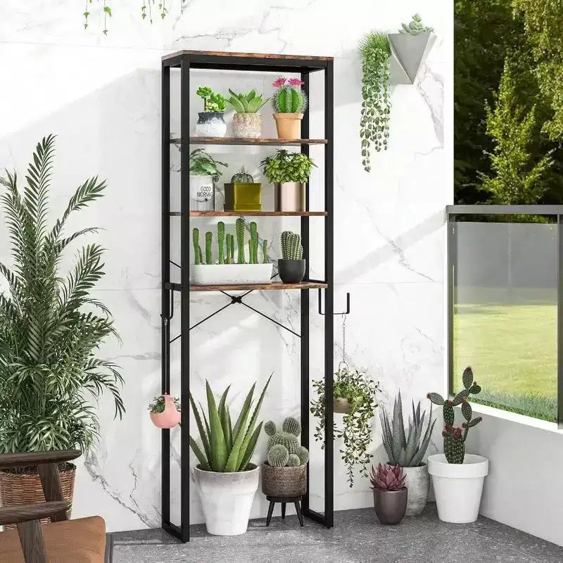 Scaffale da bagno sopra il WC a 4 ripiani, organizer industriale con porta carta igienica e gancio, multifunzionale autoportante