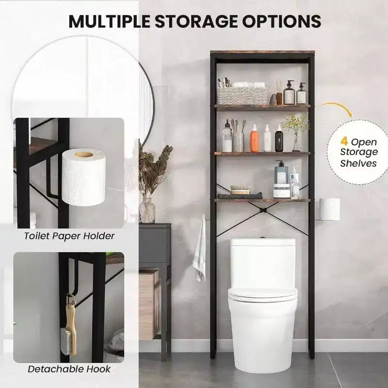 Scaffale da bagno sopra il WC a 4 ripiani, organizer industriale con porta carta igienica e gancio, multifunzionale autoportante