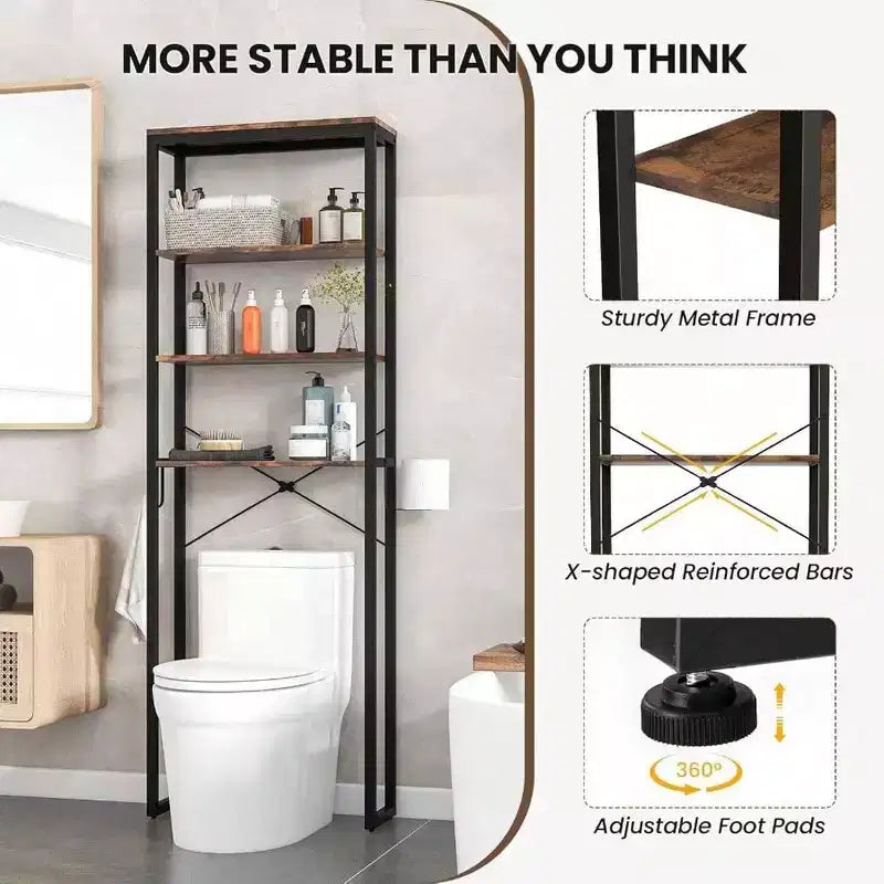 Scaffale da bagno sopra il WC a 4 ripiani, organizer industriale con porta carta igienica e gancio, multifunzionale autoportante