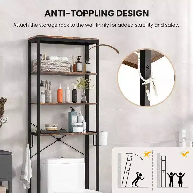 Scaffale da bagno sopra il WC a 4 ripiani, organizer industriale con porta carta igienica e gancio, multifunzionale autoportante