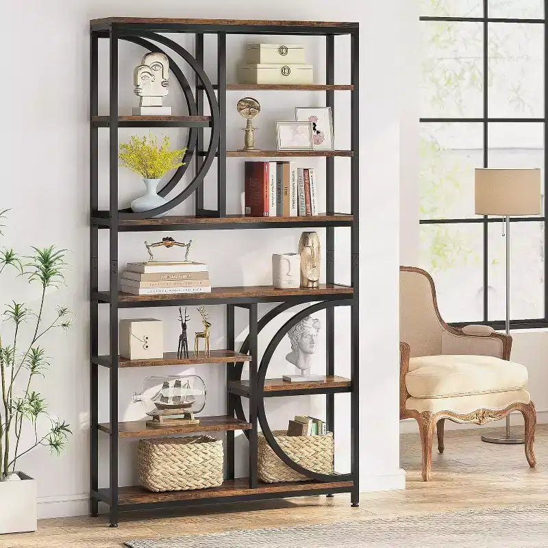 Lantine Bookshelf, Industrial 8-Tier Etagere Bookcases, 77-Inch Tall Book Shelf Display Shelves, Wood Shelving Unit with Metal Frame for Home Office