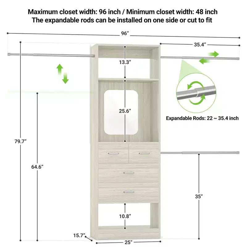 Besiost 25 - Sistema per Armadio con Specchio 96 W, Organizer per Armadio con Ripiani