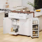 MAYEERTY Bianco 47.2 Isola da Cucina Stile Farmhouse con Anta a Ribalta, Carrello con Ruote 2 Cassetti Ripiani Rimovibili Portasciugamani