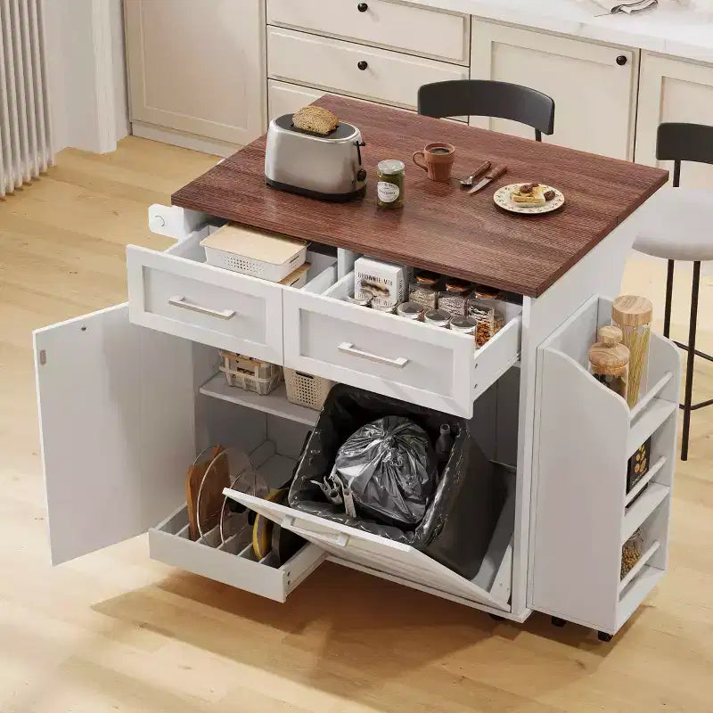MAYEERTY Bianco 47.2 Isola da Cucina Stile Farmhouse con Anta a Ribalta, Carrello con Ruote 2 Cassetti Ripiani Rimovibili Portasciugamani