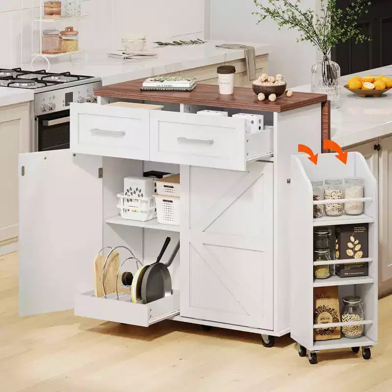 MAYEERTY Bianco 47.2 Isola da Cucina Stile Farmhouse con Anta a Ribalta, Carrello con Ruote 2 Cassetti Ripiani Rimovibili Portasciugamani