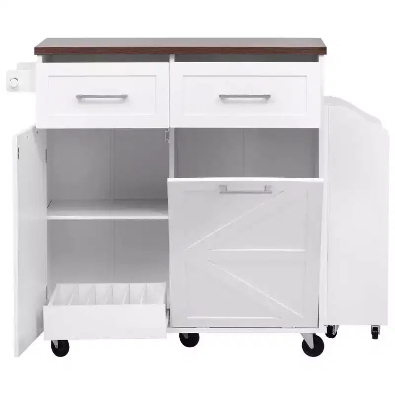 MAYEERTY Bianco 47.2 Isola da Cucina Stile Farmhouse con Anta a Ribalta, Carrello con Ruote 2 Cassetti Ripiani Rimovibili Portasciugamani