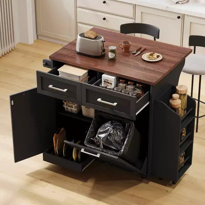 MAYEERTY Bianco 47.2 Isola da Cucina Stile Farmhouse con Anta a Ribalta, Carrello con Ruote 2 Cassetti Ripiani Rimovibili Portasciugamani