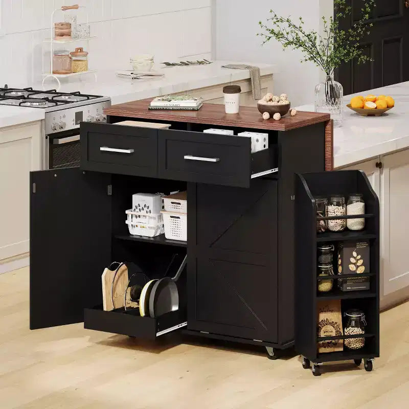 MAYEERTY Bianco 47.2 Isola da Cucina Stile Farmhouse con Anta a Ribalta, Carrello con Ruote 2 Cassetti Ripiani Rimovibili Portasciugamani