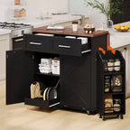 MAYEERTY Bianco 47.2 Isola da Cucina Stile Farmhouse con Anta a Ribalta, Carrello con Ruote 2 Cassetti Ripiani Rimovibili Portasciugamani