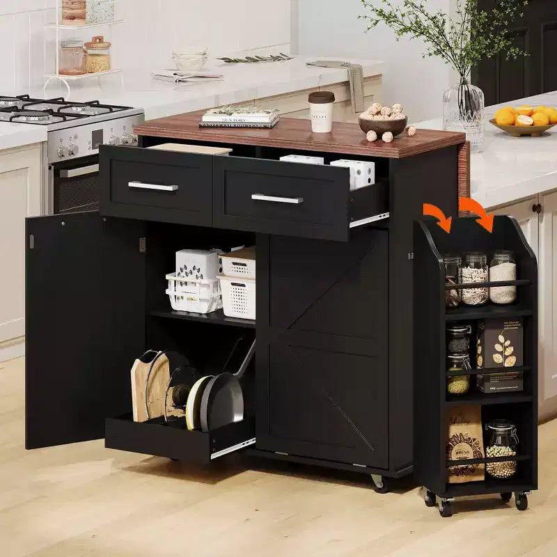 MAYEERTY Bianco 47.2 Isola da Cucina Stile Farmhouse con Anta a Ribalta, Carrello con Ruote 2 Cassetti Ripiani Rimovibili Portasciugamani
