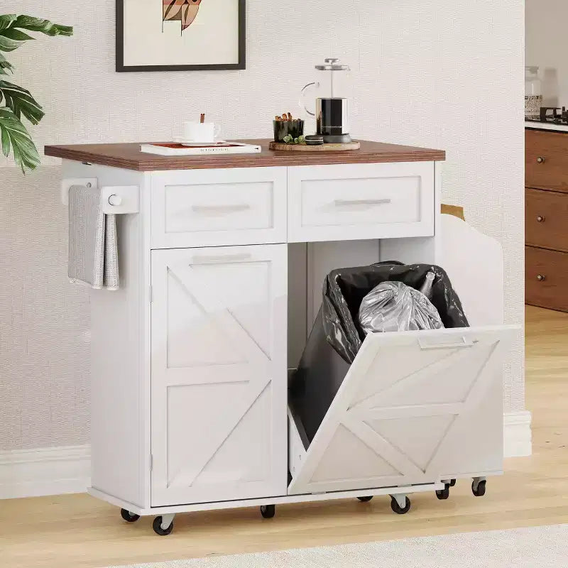MAYEERTY Bianco 47.2 Isola da Cucina Stile Farmhouse con Anta a Ribalta, Carrello con Ruote 2 Cassetti Ripiani Rimovibili Portasciugamani