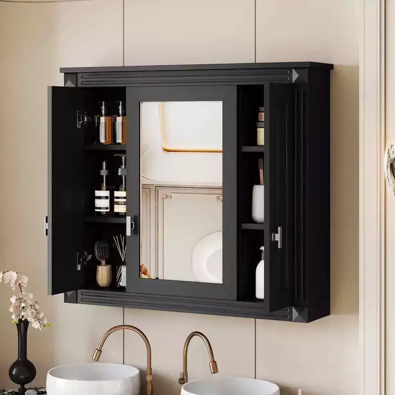 MAYEERTY Mobiletto da Bagno con Specchio, Mobiletto Farmacia da Parete con 4 Ripiani Nero