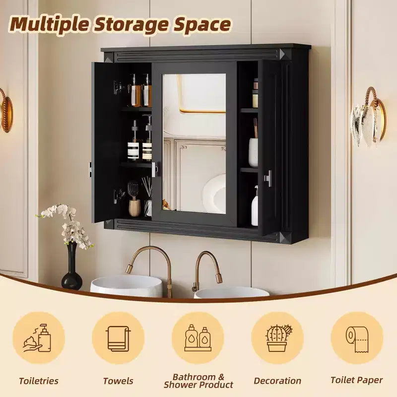 MAYEERTY Mobiletto da Bagno con Specchio, Mobiletto Farmacia da Parete con 4 Ripiani Nero