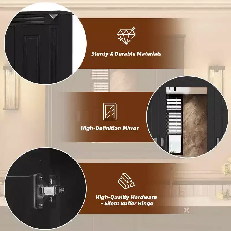 MAYEERTY Mobiletto da Bagno con Specchio, Mobiletto Farmacia da Parete con 4 Ripiani Nero
