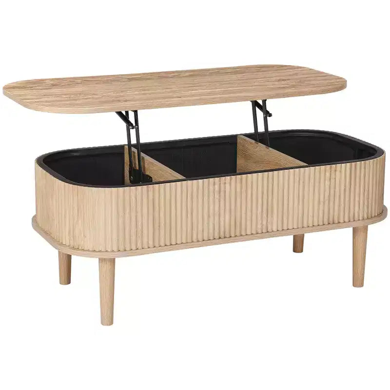 VEVOR 39.4 in Lift Top Coffee Table, Fluted Oval Coffee Table with 3 Hidden Compartment, Mid Century Wooden Oval Center Desk, Lift Up Tabletop,Beige