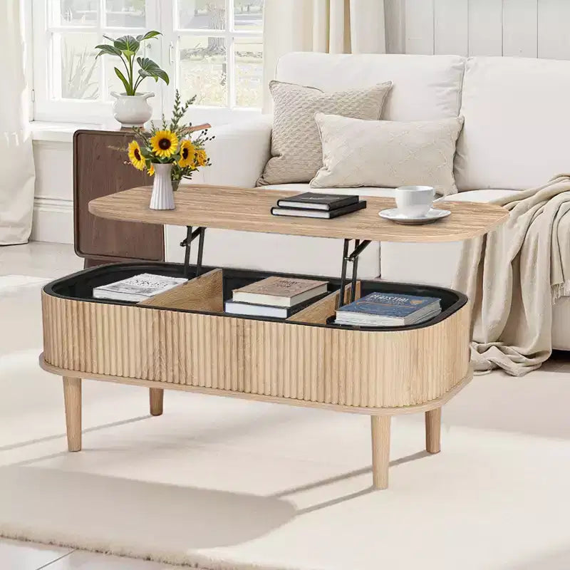 VEVOR Tavolino da Salotto con Piano Sollevabile da 100 cm, Tavolino Ovale Scanalato con 3 Vani Nascosti, Tavolo Centrale Ovale in Legno Stile Mid-Century, Piano Sollevabile, Beige