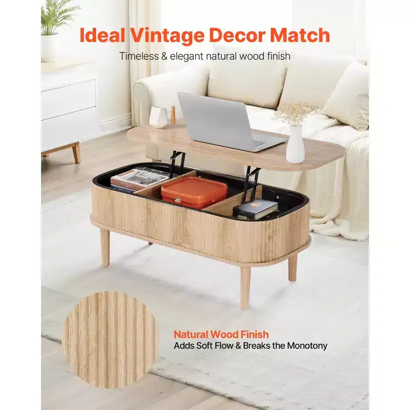VEVOR Tavolino da Salotto con Piano Sollevabile da 100 cm, Tavolino Ovale Scanalato con 3 Vani Nascosti, Tavolo Centrale Ovale in Legno Stile Mid-Century, Piano Sollevabile, Beige