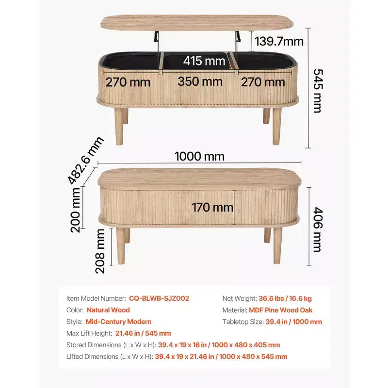 VEVOR Tavolino da Salotto con Piano Sollevabile da 100 cm, Tavolino Ovale Scanalato con 3 Vani Nascosti, Tavolo Centrale Ovale in Legno Stile Mid-Century, Piano Sollevabile, Beige