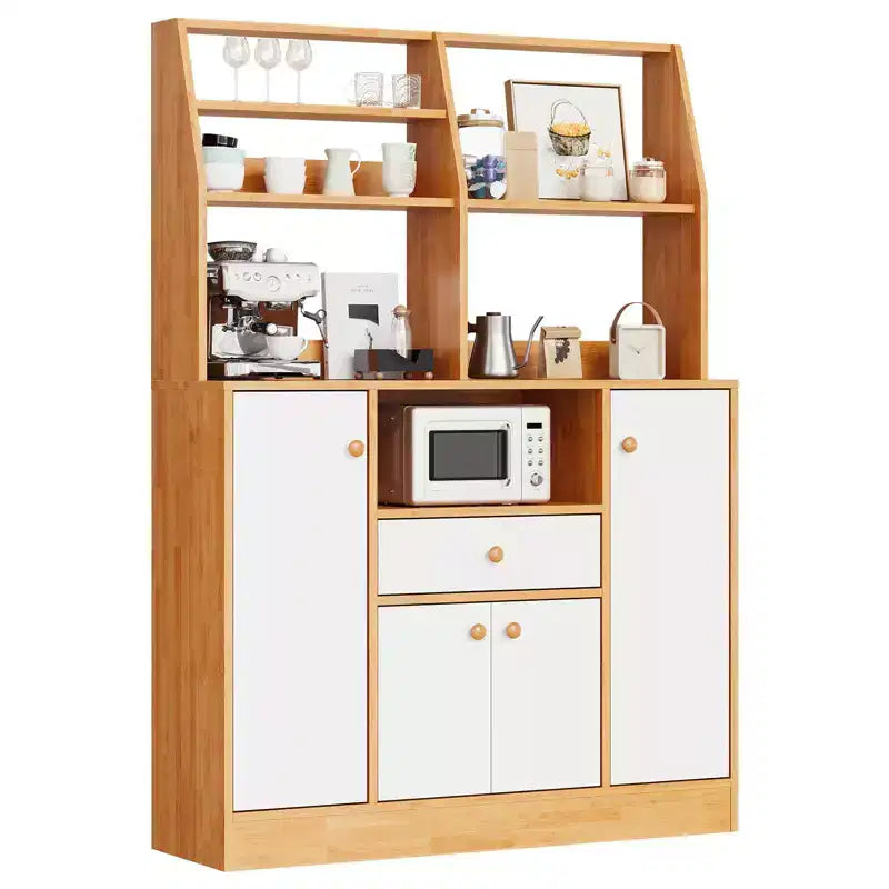 COZONY Farmhouse Coffee Bar Cabinet with 4 Doors, Wood Kitchen Buffet with Adjustable Shelves for Dining Room Living Room