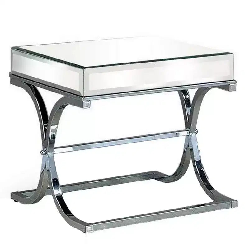 Royal Hampton 24 Inch Side End Table, Mirrored Panels, Curved Crossed Base, Chrome