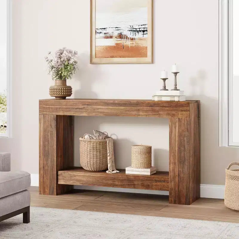 Tavolo Console per Ingresso, Tavolo Console da Fattoria in Legno per Soggiorno, Tavolo da Divano Grande a 2 Livelli con Contenitore, Tavolo d'Ingresso in Legno