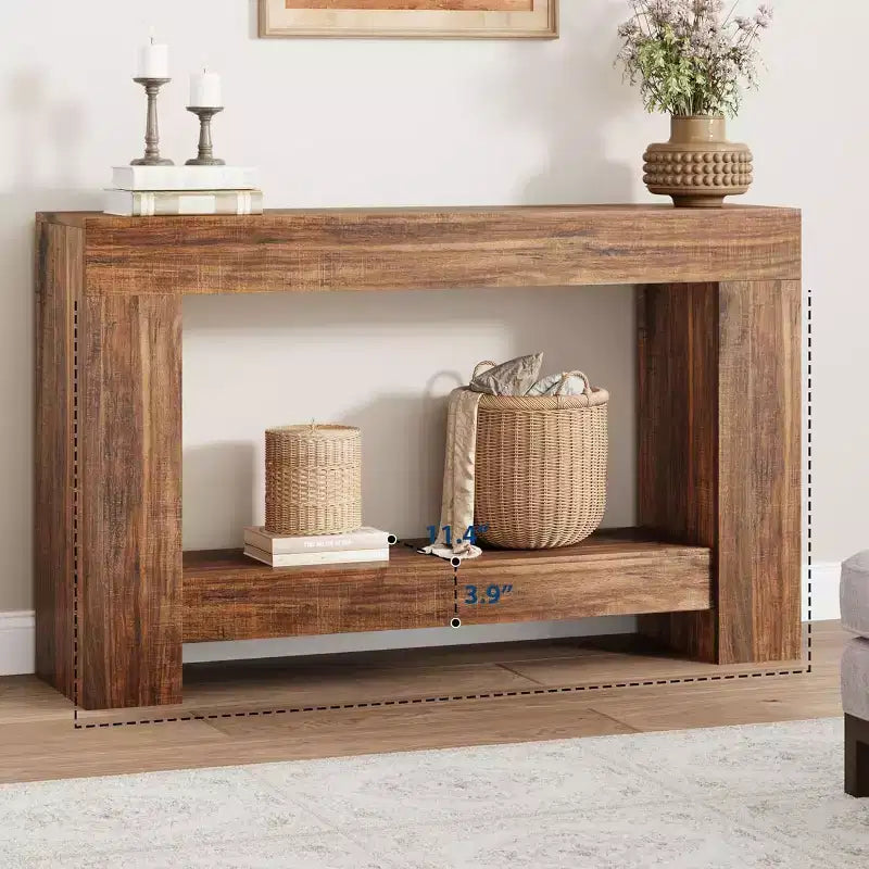 Tavolo Console per Ingresso, Tavolo Console da Fattoria in Legno per Soggiorno, Tavolo da Divano Grande a 2 Livelli con Contenitore, Tavolo d'Ingresso in Legno