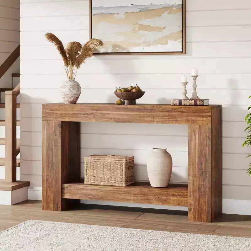 Tavolo Console per Ingresso, Tavolo Console da Fattoria in Legno per Soggiorno, Tavolo da Divano Grande a 2 Livelli con Contenitore, Tavolo d'Ingresso in Legno