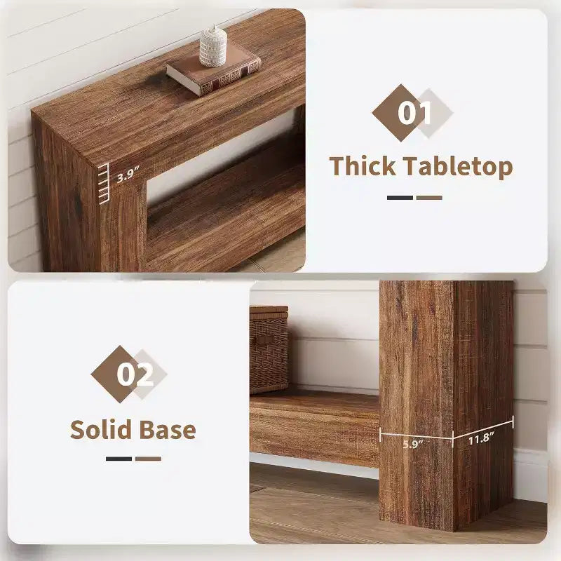 Tavolo Console per Ingresso, Tavolo Console da Fattoria in Legno per Soggiorno, Tavolo da Divano Grande a 2 Livelli con Contenitore, Tavolo d'Ingresso in Legno