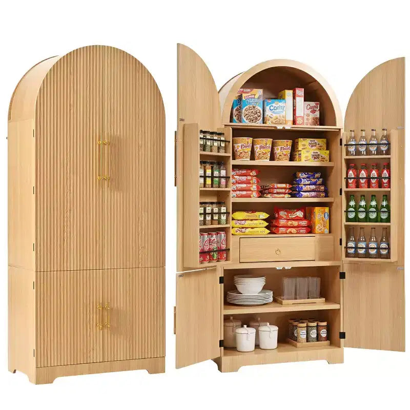 JVNOXK 72 Armadietto dispensa da cucina alto ad arco con 8 ripiani sullo sportello, mobile contenitore scanalato con 3 ripiani regolabili, cassetto nascosto, naturale