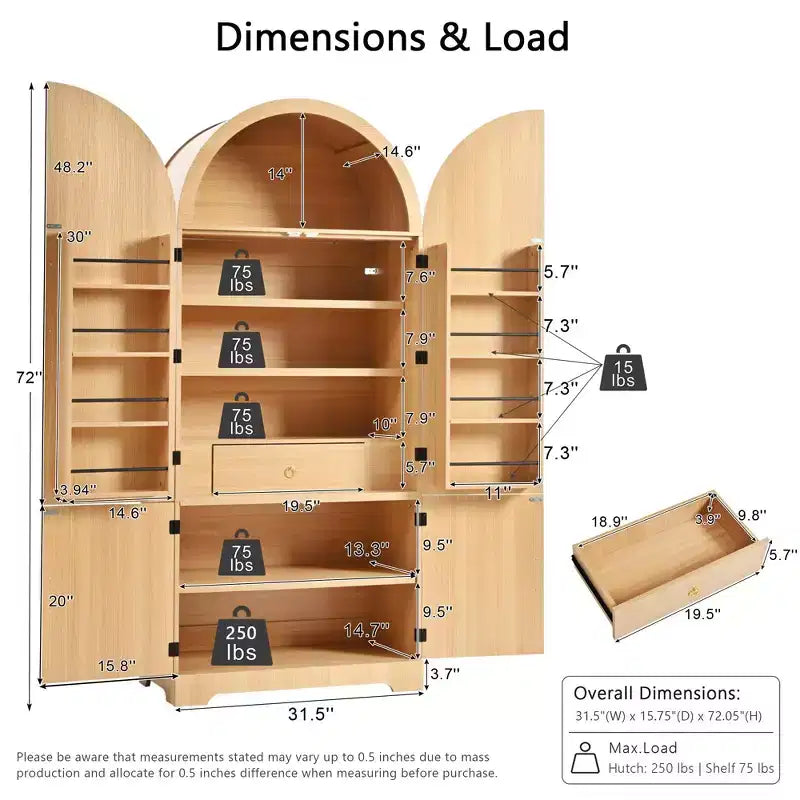 JVNOXK 72 Armadietto dispensa da cucina alto ad arco con 8 ripiani sullo sportello, mobile contenitore scanalato con 3 ripiani regolabili, cassetto nascosto, naturale