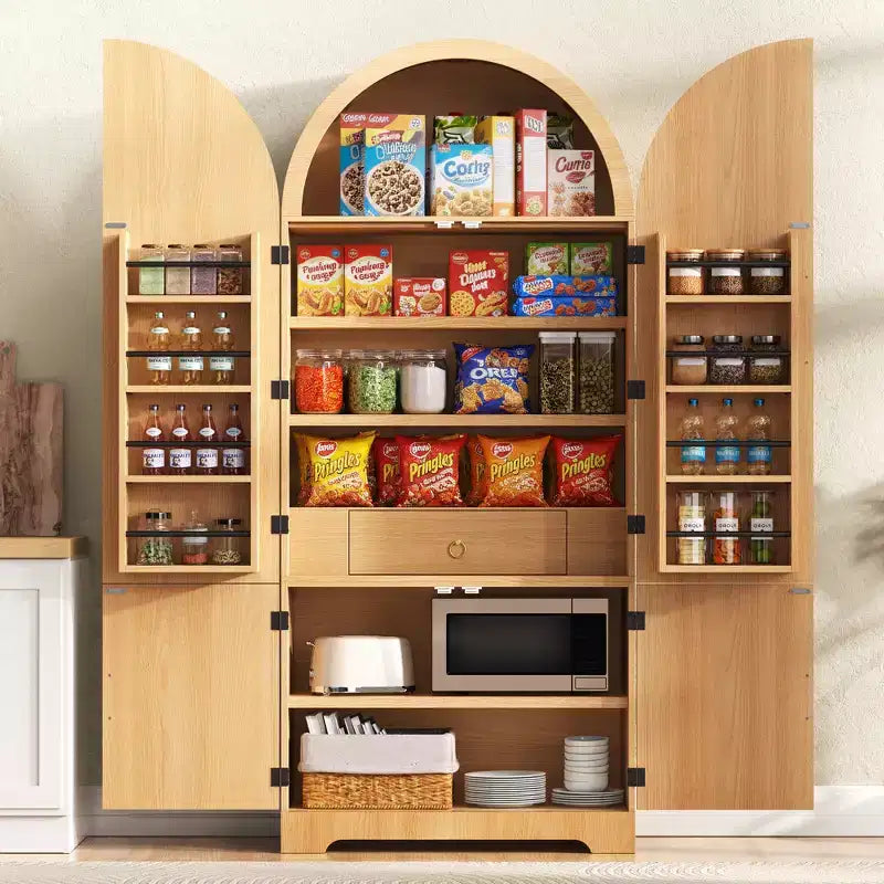 JVNOXK 72 Armadietto dispensa da cucina alto ad arco con 8 ripiani sullo sportello, mobile contenitore scanalato con 3 ripiani regolabili, cassetto nascosto, naturale