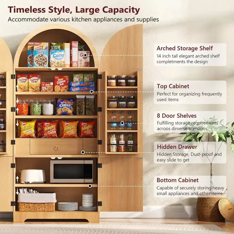JVNOXK 72 Armadietto dispensa da cucina alto ad arco con 8 ripiani sullo sportello, mobile contenitore scanalato con 3 ripiani regolabili, cassetto nascosto, naturale