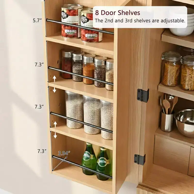 JVNOXK 72 Armadietto dispensa da cucina alto ad arco con 8 ripiani sullo sportello, mobile contenitore scanalato con 3 ripiani regolabili, cassetto nascosto, naturale