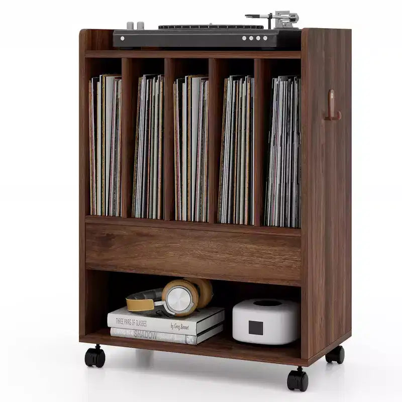 Costway Record Player Stand on Wheels w/ Pull-out Drawer & Open Shelf Lockable Wheels