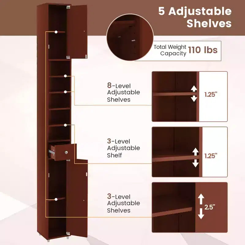 Costway Armadietto Alto e Stretto per Bagno con Cassetto e Ripiani Regolabili