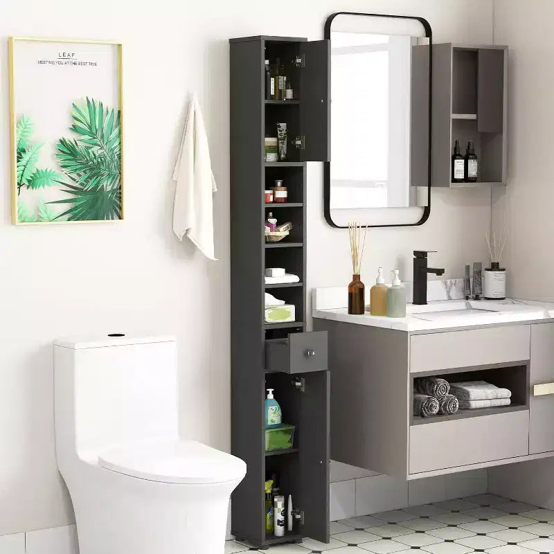 Costway Armadietto Alto e Stretto per Bagno con Cassetto e Ripiani Regolabili