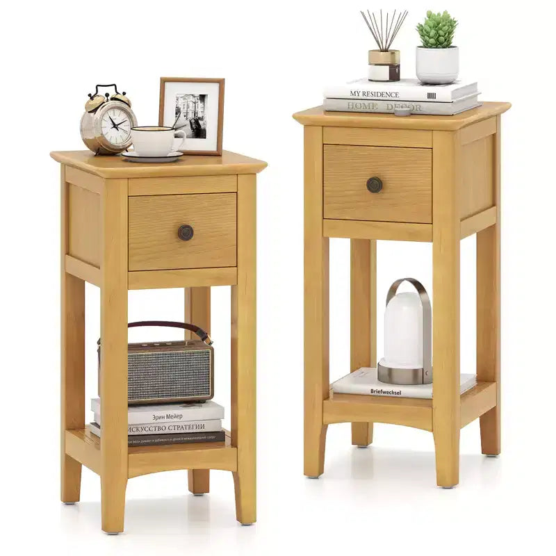 Costway 2PCS Nightstand 3-Tier Bedside Table w/ Open Storage Shelf & Narrow Side Table