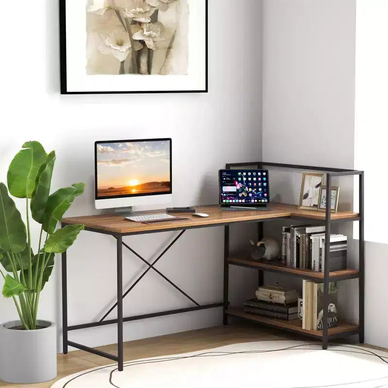 Scrivania per computer a L Costway da 150 cm, scrivania angolare reversibile con scaffali aperti, scrivania per PC portatile Nera/Bianca + Naturale/Nera + Noce