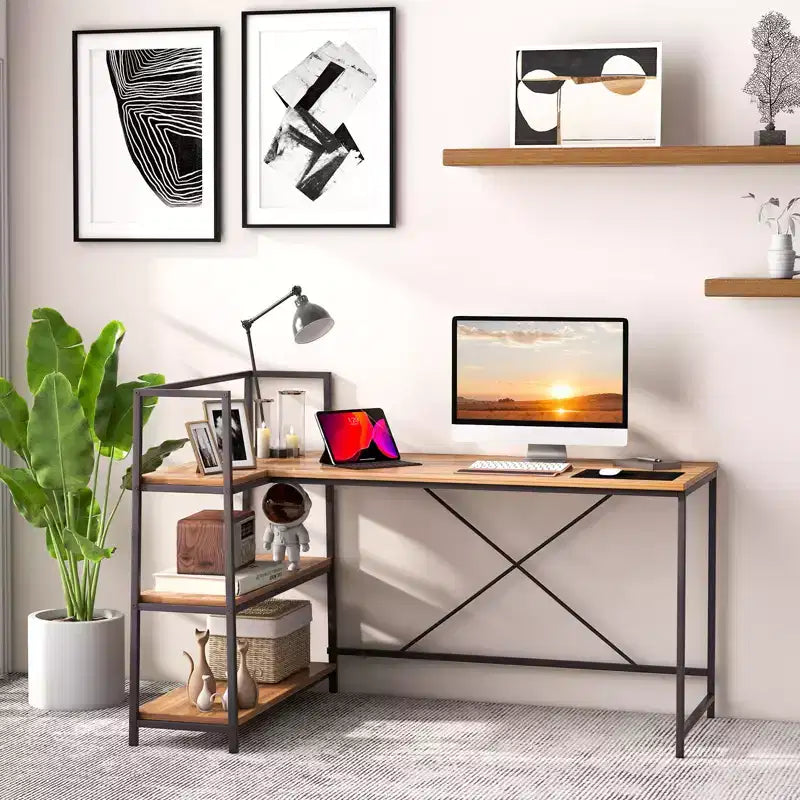 Scrivania per computer a L Costway da 150 cm, scrivania angolare reversibile con scaffali aperti, scrivania per PC portatile Nera/Bianca + Naturale/Nera + Noce