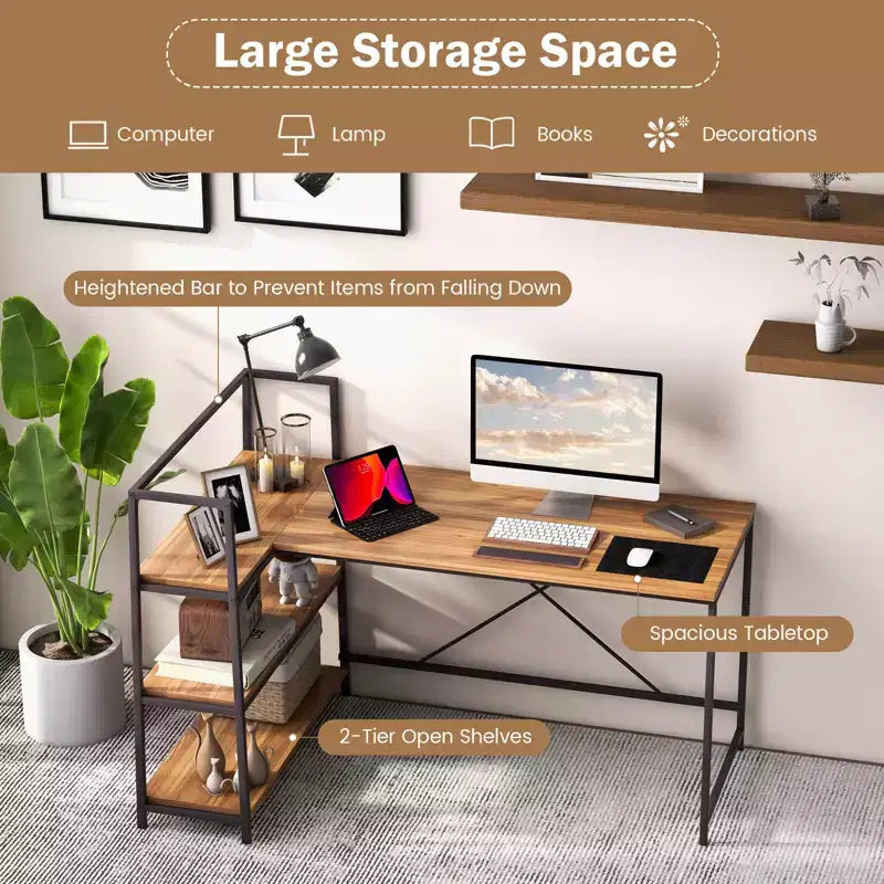 Scrivania per computer a L Costway da 150 cm, scrivania angolare reversibile con scaffali aperti, scrivania per PC portatile Nera/Bianca + Naturale/Nera + Noce
