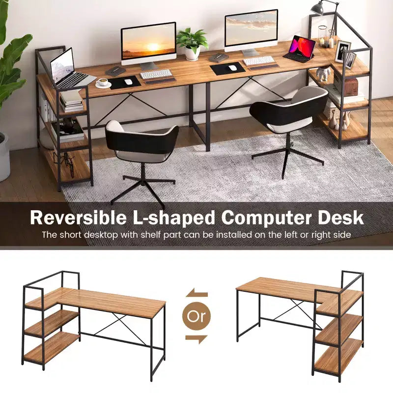 Scrivania per computer a L Costway da 150 cm, scrivania angolare reversibile con scaffali aperti, scrivania per PC portatile Nera/Bianca + Naturale/Nera + Noce