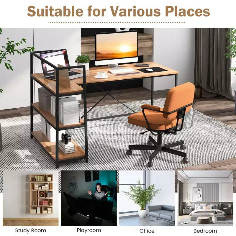 Scrivania per computer a L Costway da 150 cm, scrivania angolare reversibile con scaffali aperti, scrivania per PC portatile Nera/Bianca + Naturale/Nera + Noce