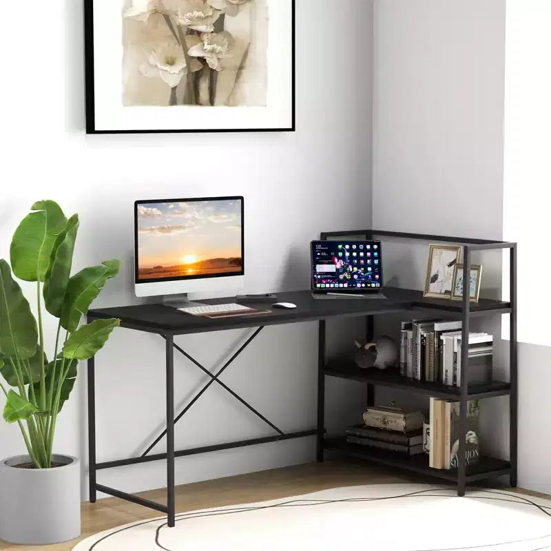 Scrivania per computer a L Costway da 150 cm, scrivania angolare reversibile con scaffali aperti, scrivania per PC portatile Nera/Bianca + Naturale/Nera + Noce