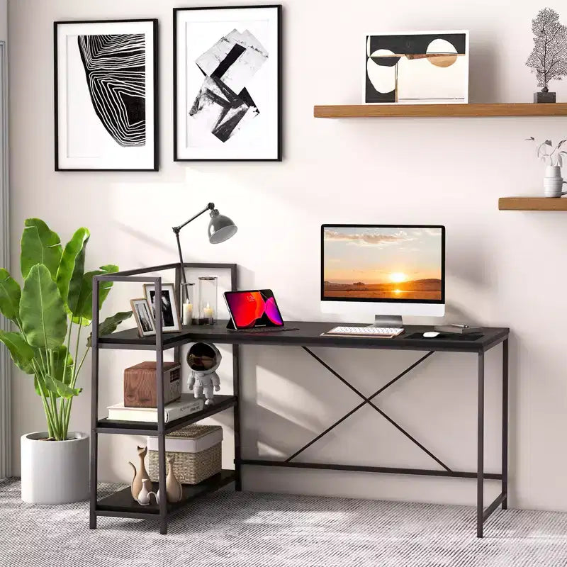 Scrivania per computer a L Costway da 150 cm, scrivania angolare reversibile con scaffali aperti, scrivania per PC portatile Nera/Bianca + Naturale/Nera + Noce