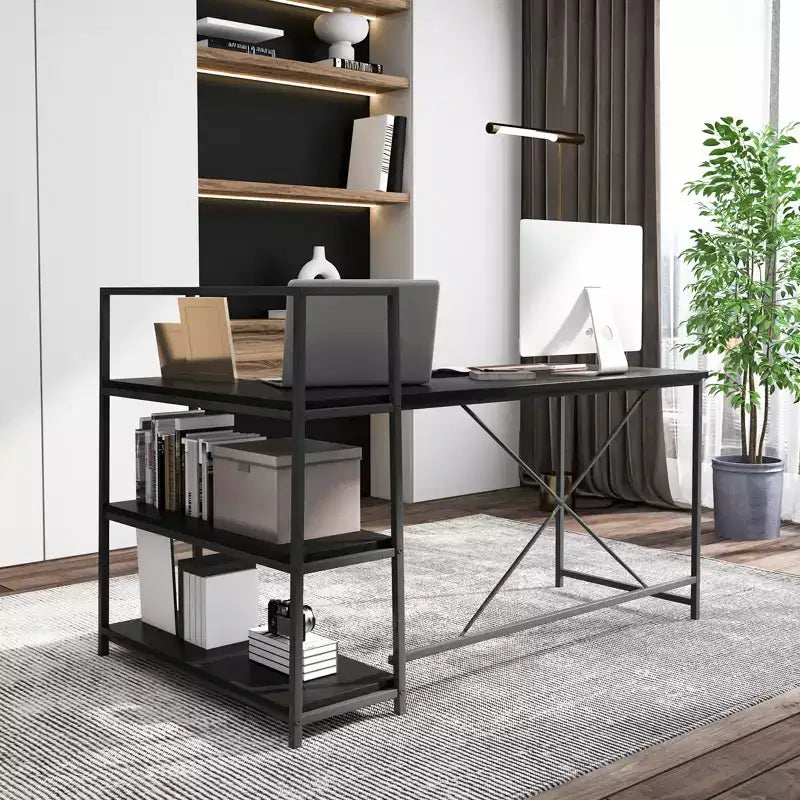 Scrivania per computer a L Costway da 150 cm, scrivania angolare reversibile con scaffali aperti, scrivania per PC portatile Nera/Bianca + Naturale/Nera + Noce