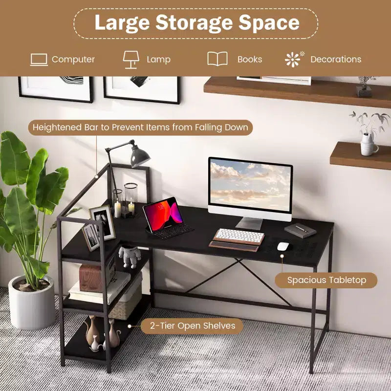 Scrivania per computer a L Costway da 150 cm, scrivania angolare reversibile con scaffali aperti, scrivania per PC portatile Nera/Bianca + Naturale/Nera + Noce
