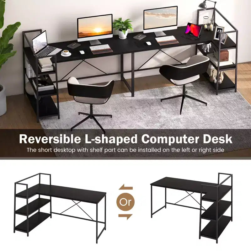 Scrivania per computer a L Costway da 150 cm, scrivania angolare reversibile con scaffali aperti, scrivania per PC portatile Nera/Bianca + Naturale/Nera + Noce