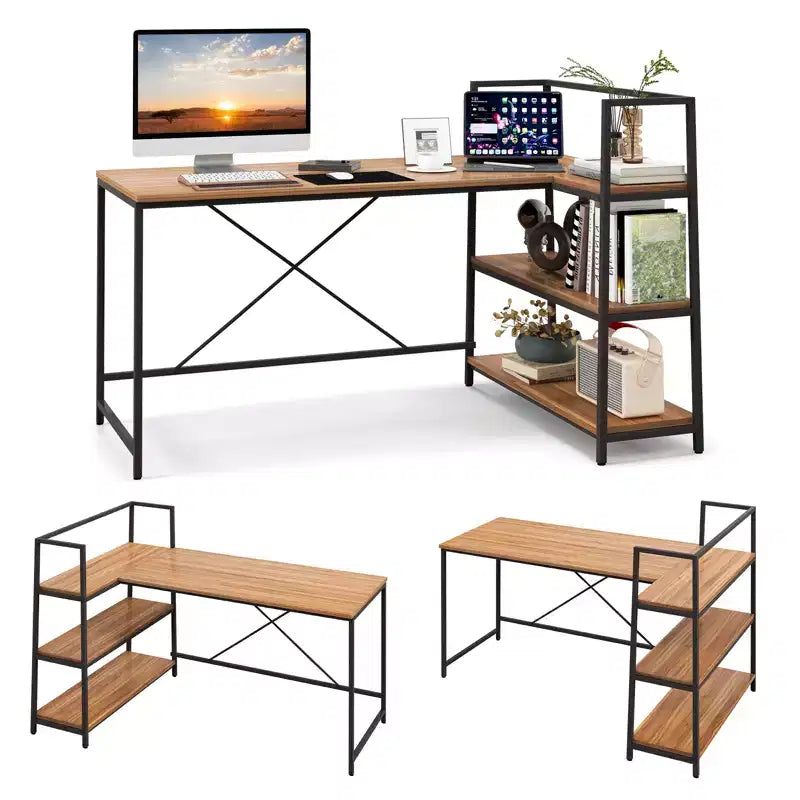Scrivania per computer a L Costway da 150 cm, scrivania angolare reversibile con scaffali aperti, scrivania per PC portatile Nera/Bianca + Naturale/Nera + Noce
