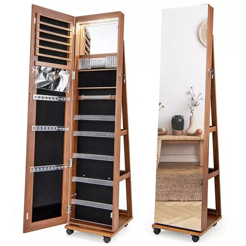 Costway 64 Organizzatore Portagioie con Specchio e Luci LED, Armadietto Portagioie Bloccabile